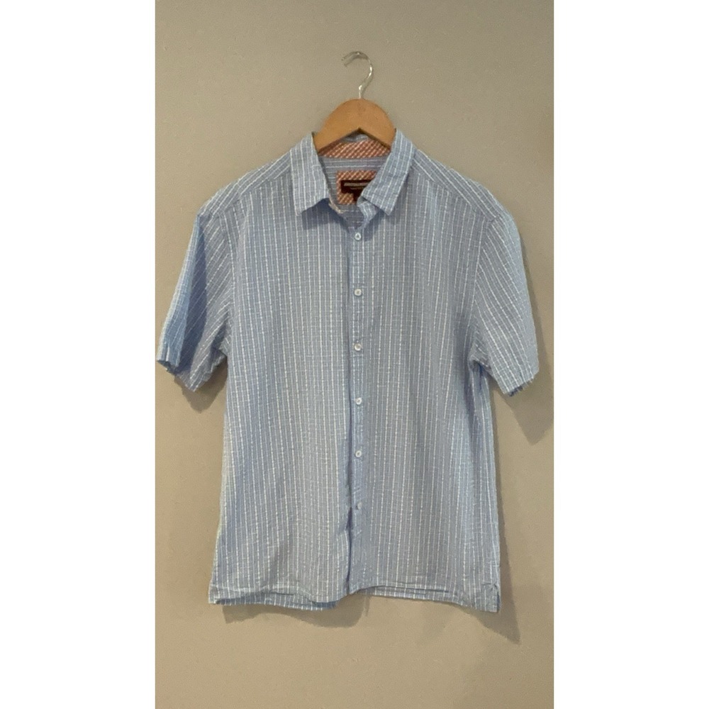 Johnston & Murphy Mens Medium Blue White Plaid Short Sleeve Button Up Shirt L